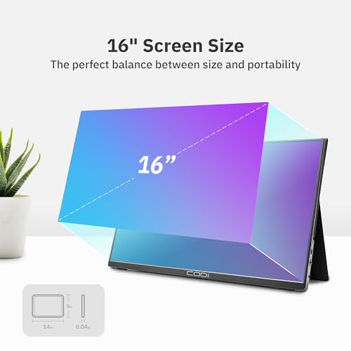 Image of CODi 16 inch Portable USB-C Monitor - Full HD Display, HDR, Built-in Speakers, Mini HDMI, Dual USB-C, Slim Design, Freesync - External Monitor for Laptop, Mac, PC, Xbox, PS5, Switch