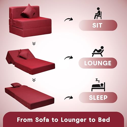 Image of Amazon Brand - Solimo 1 Seater 3 * 6 Jute Fabric Washable Cover Sofa Cum Bed with 1 Cushion 1 Seater Double Foam Fold Out Sofa Cum Bed (Finish Color - Maroon Delivery Condition - Pre-Assembled)
