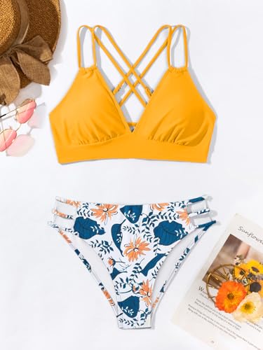 Image of Fanuerg Women's Sexy V Neck Bikini Sets Hollow Out Two Piece Swimsuits Cutout Mid Waist Bathing Suit