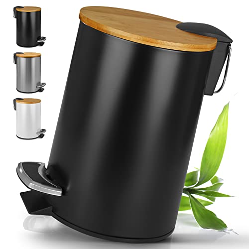 HIBATH® Kosmetikeimer aus Edelstahl mit Bambusdeckel (5 Liter, schwarz) - Badezimmer Abfalleimer mit Absenkautomatik - Praktischer Mülleimer - WC-Treteimer