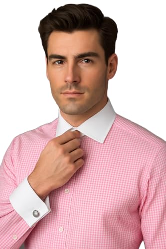 Image of Men's Premium Cotton Formal Dress Shirt - White Collar & French Cuffs with Cufflinks | Solid White, Micro Check & Striped for Office, Wedding