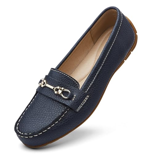 KORDAL Women's Comfortable & Lightweight Navy Leather Loafers Slip-Ons Driving Mocs Walking Shoes Cute Business Casual Dress Shoes Work Flats for Women 6 M US