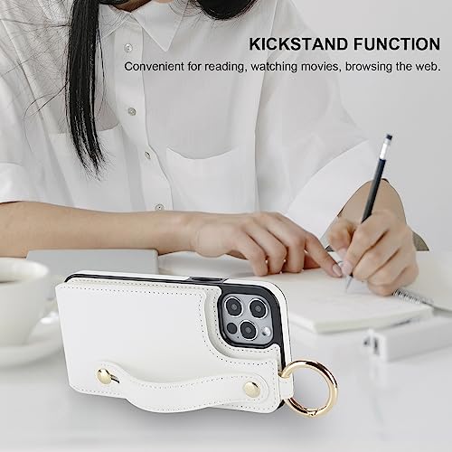 Folosu for iPhone 12/12 Pro Wallet Case with Card Holder, Hand Wrist Strap Loop Holder Kickstand, RFID Blocking Finger Grip Ring PU Leather Double Buttons Shockproof Cover 6.1 Inch (White) by Folosu - Image 6
