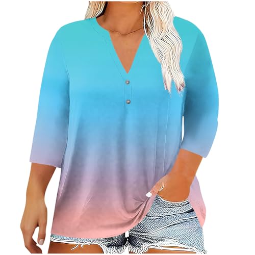 Plus Size 3/4 Sleeve Tops for Women Noth V Neck Button Shirts Summer Trendy Gradient Color Oversized T Shirts Blouses Sky Blue