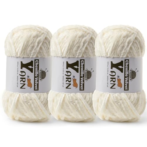 Image of 3 Pack Plush Chenille Chunky Yarn - Fluffy Velvet Yarn Crochet for Blanket Knitting and Crocheting - Soft Baby Yarns for Crocheting - Amigurumi Crochet Yarns 100g (87yds) (3 White)