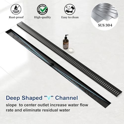 Neodrain Linear Shower Drain with Removable Capsule Pattern Grate, 304 Stainless Steel Rectangle Shower Drain, Linear Drain with Adjustable Leveling Feet, Hair Strainer (Matte Black, 48 ") by Neodrain - Used condition - Image 2