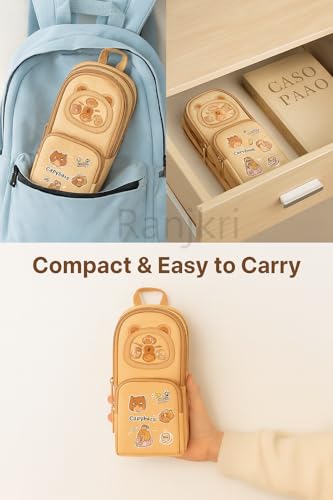 Image of Kawaii Cute Capibara Pencil Pouch for Kids with Push-Pull Eraser Set | Multi-Layer Storage, Strong Zippers, Premium Polyester | School Stationery Combo Gift for Boys & Girls