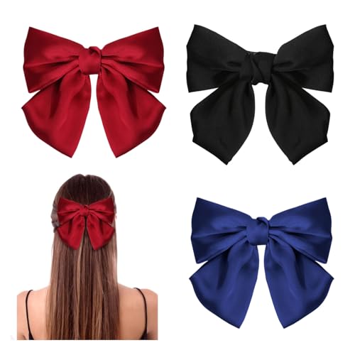 GWAWG 3PCS Bow Hair Clip,Hair Bows Barrettes Solid Color,Soft Satin Silky Hair Bows for Women Girls(Black, Red, and Blue)