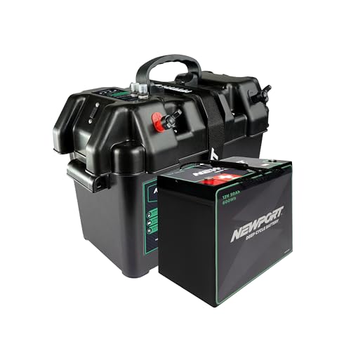 Newport Smart Trolling Motor Battery Box Power Center with USB Port plus Newport 12V50Ah Deep Cycle Heavy-Duty Marine Battery, Sealed AGM Kit, Everything Needed to Operation Motor