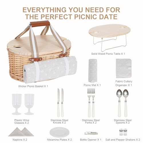 Zettfuly Picnic Basket Set for 2 - Wicker Insulated Picnic Basket with Waterproof Blanket, Folding Wine Picnic Table & Cutlery Kits, Picnic Baskets Kit for Camping, Outdoor, Valentine (White Flower)