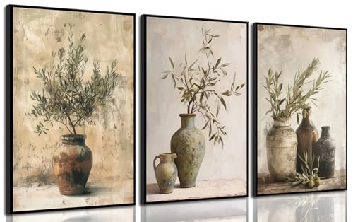 Vintage Vase Canvas Wall Art Prints Green Rustic Olive Branch Wall Decor Pictures Antique Still Life...