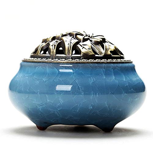 Haihuic Brûleur d'encens en céramique - Encensoir Chinois en Porcelaine - Encens Cône/Bâton/Bobine Cendrier Bol, Crack de Glace - Bleu Ciel Cover