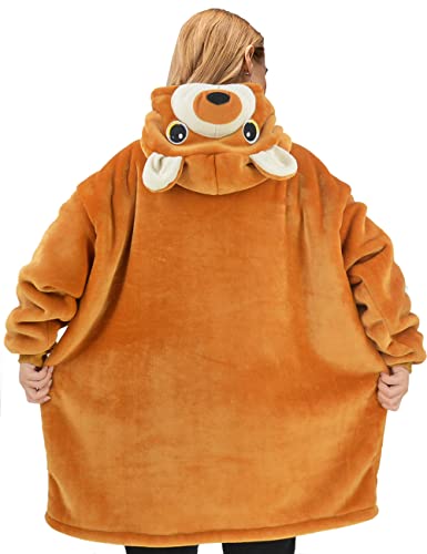 Lassupin Teddy Brown Bear Wearable Blanket Sweatshirt Sherpa Oversized Hoodie Tv-Blanket With Sleeves And Pockets For Adults Men Women Teens One Size Fits All #TOP4
