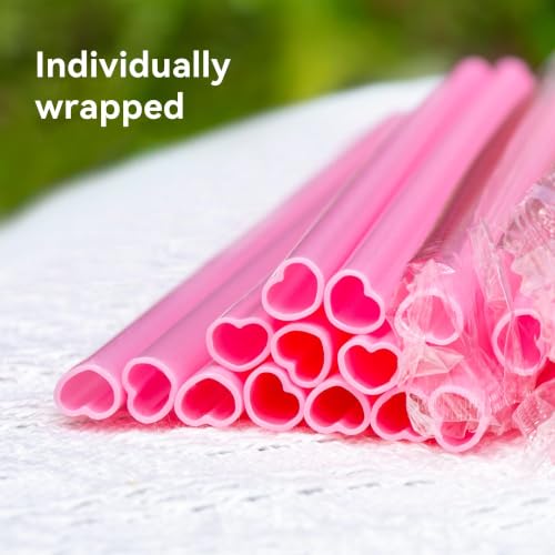 Image of 200pcs Pink Heart Straws Bulk - Individually Wrapped