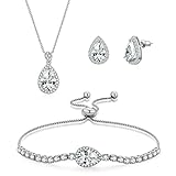 DHQH Cubic Zirconia Teardrop Necklace and Earring Set for Wedding with Crystal Link Bracelet Bridesm