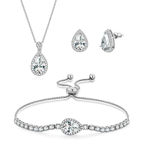 Dhqh Cubic Zirconia Teardrop Necklace And Earring Set For Wedding With Crystal Link Bracelet Bridesmaids Jewelry Sets For Women Wedding Party Jewelry For Bridal Bridesmaid #TOP6