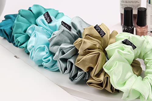 Image of Premium Satin Scrunchies for Women | Hair Bands, Ponytail Holders & Rubber Bands | Fluffy, No-Damage Hair Ties | Girls Hair Accessories | Medium Size | Pack of 6