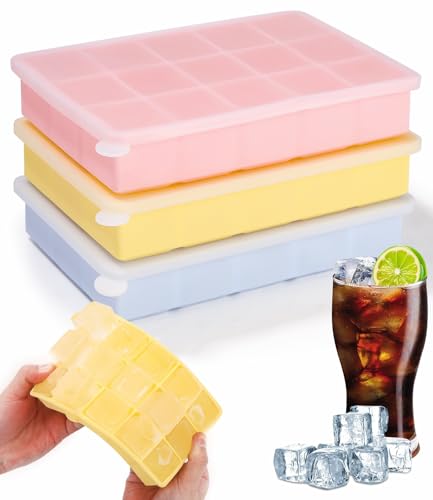 Cexovo Cubiteras para Hielo con Tapa 3 Piezas Cubiteras para Hielo Grande Cubitera Silicona Cubitos de Hielo Cuadrados Moldes para cubitos de Hielo para Cócteles Whisky Vino Puré de Frutas
