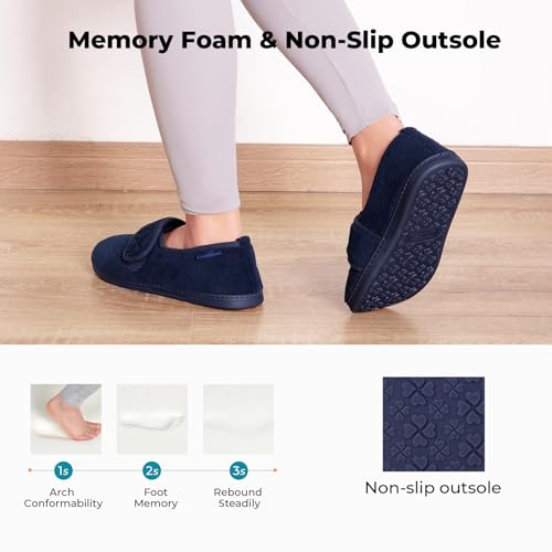 Hometop Comfortable Women'S Adjustable Coral Fleece Slippers Cozy Memory Foam Closed Back House Shoes For Indoor Outdoor Oxford Blue,8 Us thumb #3