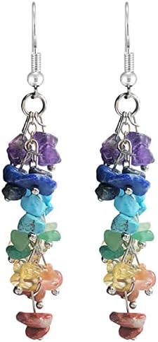 CH.yishi Chakra Stone Beaded Dangle Earrings for Women girls, Colorful Natural Stones Crystals Drop Earrings for Meditation Yoga Jewelry (Colorful Crystal)