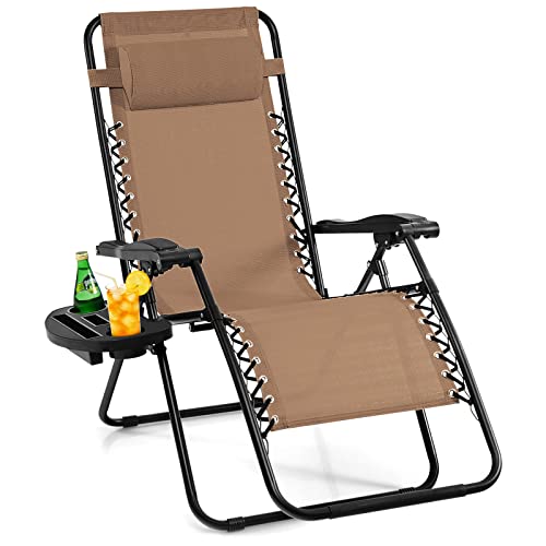 Image of Giantex Zero Gravity Reclining Chair, Outdoor Patio Recliner with Cup Holder & Removable Pillow, Adjustable Backrest, Indoor Lounge Chair for Backyard, Garden, Poolside (Tan)