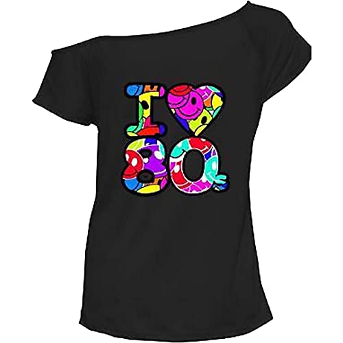 ZJ Clothes Mesdames Imprimé J'aime Les Années 80 Pop Disco Party Festival T-Shirt Rétro À Épaules Dénudées - Étoiles Multicolore - T-Shirt Lâche À Manches Courtes (Noir 12-14) Cover
