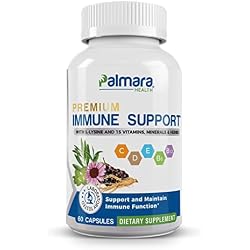 Palmara Health Premium Immune Support Supplement - 60 Vegan Capsules | 16-in-1 blend with L-Lysine, vitamin C, zinc and elderberry; vegan, gluten-free and lab tested