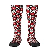 Divertidos calcetines altos calentadores de rodilla, diseño floral rojo, 2 Negro-2, Altoa única