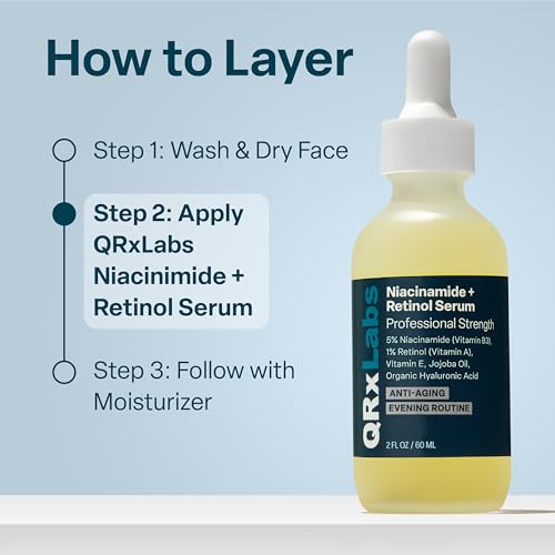 QRxLabs 5% Niacinamide Serum with 1% Retinol & Alpha Arbutin – Brightening Face Serum to Help Improve the Appearance of Pores, Texture & Uneven Skin Tone – 2 Fl Oz