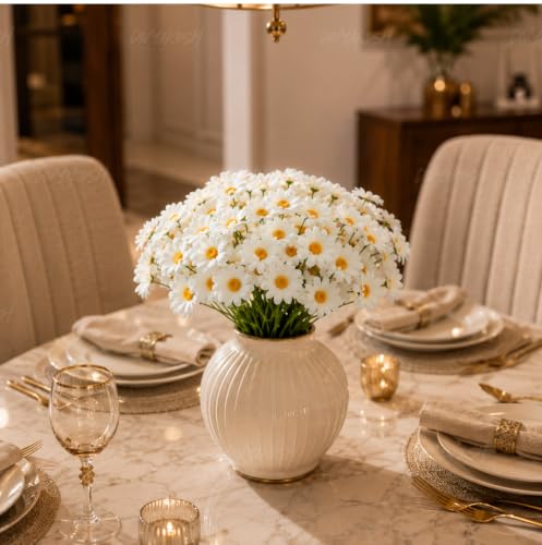Image of Divyakosh Artificial Daisy Flowers Bunch for Home Decor, Pack of 5 with 150 White Flowers, Faux Floral Arrangement for Vase, Living Room, Wedding, Festive & Party Decoration