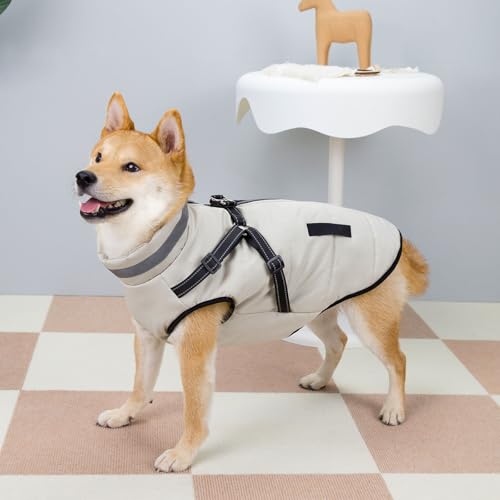 寒い天候用の犬用暖かいコート、フリース裏地付き反射犬用ジャケット、ハーネス付き犬用冬用コート、背面ジッパーとDリング、屋外活動用犬用冬用ジャケット,白,5XL