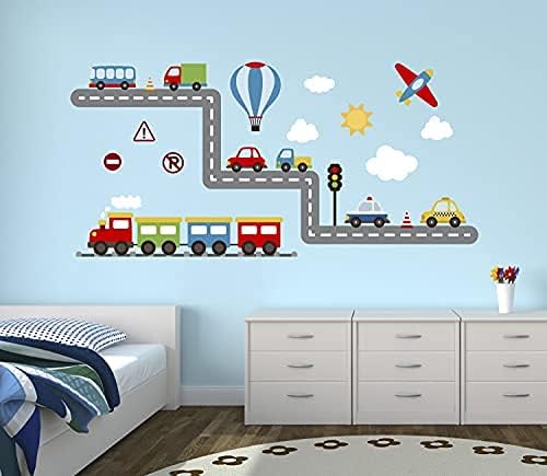 Calcomanías de pared de tren de transporte de construcción, aviones, trenes, automóviles, calcomanías de vinilo para pared de niños, dormitorio de