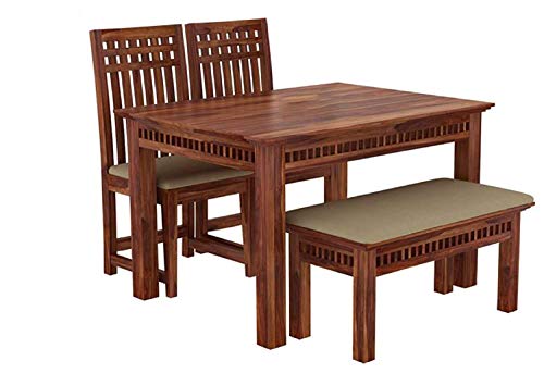 Image of Sheesham Wood 4 Seater Dining Table Set with Chair | Dining Table Set | Wooden 4 Seater Dining Table | with 2 Chairs 1 Bench | Dining Room Furniture Set | Maple Finish