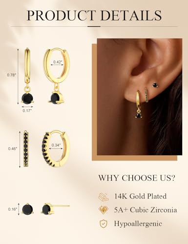 Image of Freekiss 3 Pairs Gold Hoop Earrings Set: Dainty Stud Earrings Trendy Small 14K Gold Plated Hypoallergenic Dangle Cartilage Huggie Hoop Earrings for Women Gold Jewelry for Women Gifts