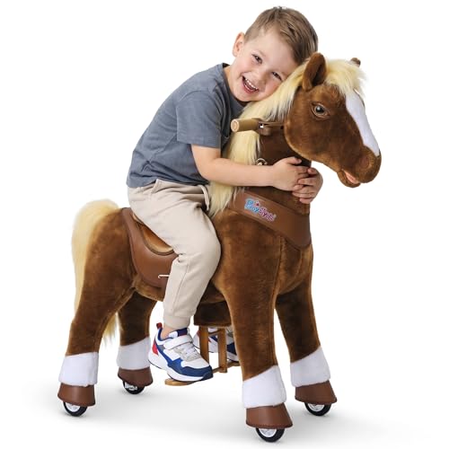 PonyCycle Horse Ride on Pony No Battery Required Advanced Model Y Plush Brown Riding Horse Toy for Children Size 4 for Ages 4-7 Rocking Horse Kids Plush Animal Ride Y474