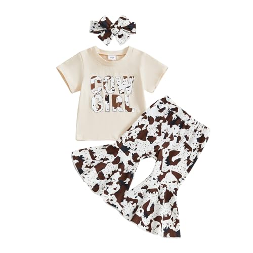 Catálogo de Ropa de Acampada y marcha para Niña los mejores 10. 43 ASUNYKID - Conjunto de 3 piezas de ropa de verano occidental para niñas y bebés, camisas de manga corta y pantalones acampanados, Caqui, 12-18 Meses