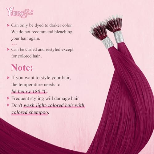 Image of YoungSee Nano Ring Hair Extensions Magenta 22 inch Nano Bead Hair Extensions Human Hair Burgundy Nanobead Human Hair Extension Colored Nano-Ring Hair Extension Remy Hair 1g /strands 25g 25 Strands