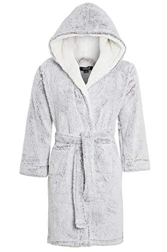 Girls Dressing Gown Kids Hooded Housecoat Nightwear Sleepwear Childrens Bathrobe All in One Leopard Zebra Unicorn (Grey Teddy Sherpa, 13 Years)