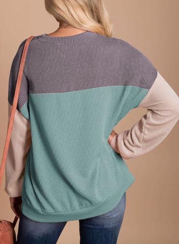 Image of Dokotoo Womens Tops Fashion 2026 Color Block Long Sleeve Shirts for Women Crewneck Knitted Casual Loose Blouses