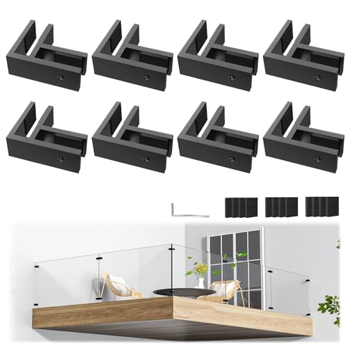 Image of 8 Pack Corner Railing Glass to Glass Clamps, Double Side Glass Clip | No Drilling in Glass, T304 Stainless Steel, Fits 3 /8 inch-1 /2 inch Glass Thickness, Modern Black, Suitable for Fence, Pool, Balcony