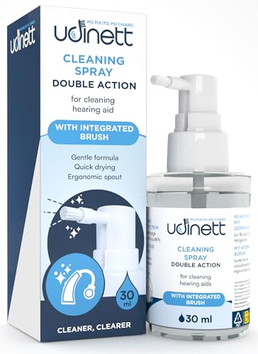 Hearing Aid Cleaning Spray with Included Brush 30ml Udinett Sanitizer for Cleaning Earmolds Replacement Domes Earplugs Quick Drying Eliminates Bacteria and Earwax Dust