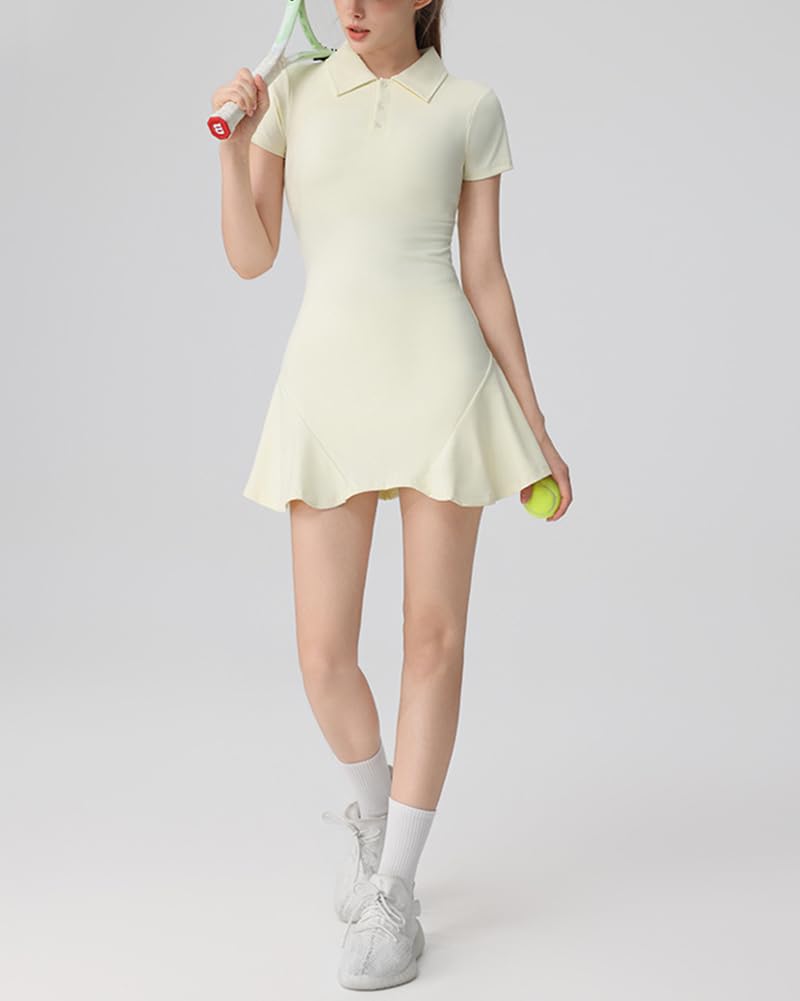 GUOCU Donna Abito Sportivo da Tennis a Maniche Corte vestibilità Slim Tinta Unita Miniabito da Golf Fluido con Pantaloncini Separati per Allenamento, Yoga, Corsa e Palestra