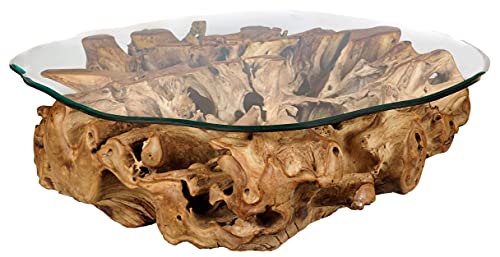 Windalf Rustikaler Wohnzimmertisch GOLDANA 140 cm Natur Bohemia Couchtisch mit Glasplatte Landhaus-Design Unikat Handarbeit aus Wurzelholz