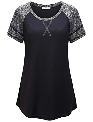 Athleisure Wear For Women Tops Outdoor Performance Running Shirts Moisture Wicking Short Sleeve Round Neck Fashion Contrast Color Tunic Gray&Black Xl #TOP8