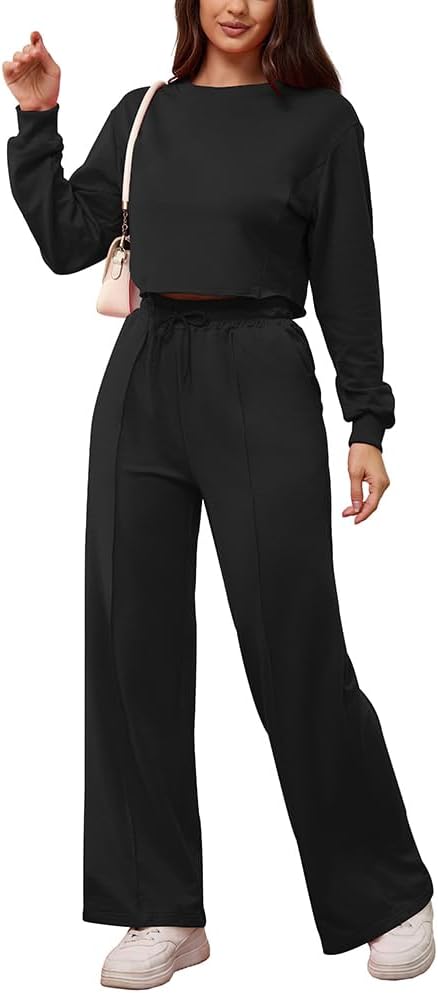 PINSV Women's 2 Piece Outfits Sweatsuit Set Long Sleeve Crop Top Drawstring Wide Leg Pants with Pockets Tracksuits Casual Set - Image 2