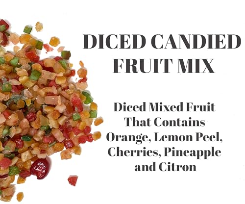 Candied Fruit Mix for Fruitcake Baking Cocktails Garnish Glazed Mixed Fruit with Orange Lemon Peel Cherries Pineapple and Citron, Diced, Frutas Confitadas Resealable Bag 7.5 oz