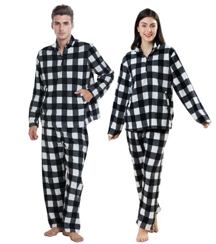 Dodheah Unisex Christmas Pajamas Set Check Sleepwear Half Zipper Pullover Top with Pockets & Long Pants Matching Nightwear