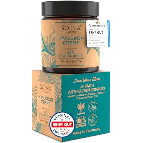 BIO HYALURON CREME +Q10 Hyaluronsäure Hochdosiert | 4-Fach Anti-Falten -100ml | Tages- & Nachtcreme | Hyaluronsäure Creme Feuchtigkeitscreme von Soena Naturals | Anti Aging | Made in Germany