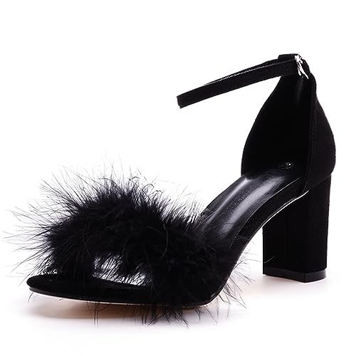 3 Inches Women's Ankle Strap Fluffy Feather Ankle Strap Block Heels Sandals Open Toe Party Evening High Heel Pump Shoes