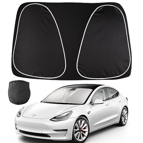 Windshield Sun Shade for 2020-2025 Tesla Model Y Exclusively, Sunshade for Car Front Window Visor Blocks UV Rays and Protects Interior Car Accessories, Panda Eyes Design for Easy Install & Fold